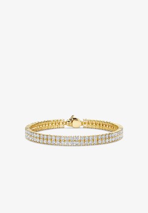 Goldener Armreif mit einer Reihe von klaren, runden Edelsteinen. Das Design verfügt über ein flexibles Band mit einem sicheren Verschluss und einer glatten, glänzenden Oberfläche.