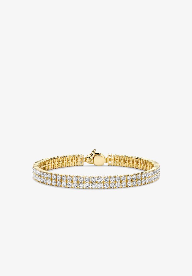 Goldener Armreif mit einer Reihe von klaren, runden Edelsteinen. Das Design verfügt über ein flexibles Band mit einem sicheren Verschluss und einer glatten, glänzenden Oberfläche.