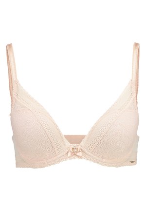 Lace padded beha in een zacht blosroze kleur, met een delicate strikdetail in het midden, verstelbare bandjes en een lichte textuurlijke bloemenpatroon.