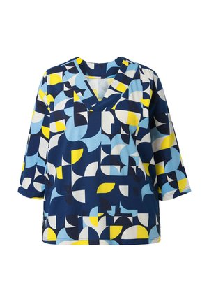 Bluse med lange ærmer og V-hals med abstrakt geometrisk mønster i marineblå, lyseblå, hvid og gul, med en løs og behagelig pasform.