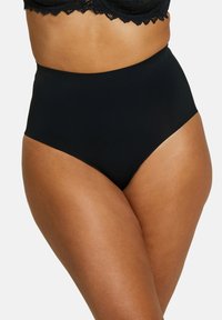 Bas de bikini noir taille haute, texture lisse, couverture intégrale, design sans couture et couture minimale, idéal pour un ajustement confortable.