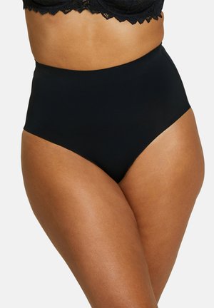 Bas de bikini noir taille haute, texture lisse, couverture intégrale, design sans couture et couture minimale, idéal pour un ajustement confortable.