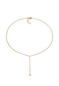 Guldfarvet metal chokersmykke med en fin kæde, der har et vertikalt fald-design og en enkelt rund vedhæng i enden.