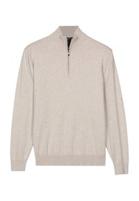 Lichtgrijze pullover trui met een kwart-rits kraag, ribgebreide manchetten en zoom, gemaakt van zachte stof. Eenvoudig, schoon ontwerp, geen patronen.