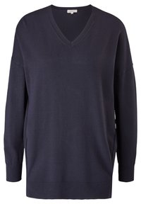 Maglione oversize a V blu navy con maniche lunghe e polsini e orlo a costine. Realizzato in morbido tessuto knit, presenta spacchi laterali.