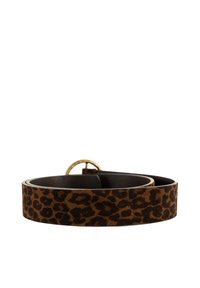 Cintura in stampa leopardata realizzata in suede testurizzato, con una fibbia rotonda in tonalità oro, caratterizzata da una combinazione di colori marrone e nero e una fodera interna liscia.