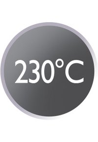 Affichage de la température de 230 °C en texte blanc sur un fond circulaire gris foncé avec une bordure gris clair.