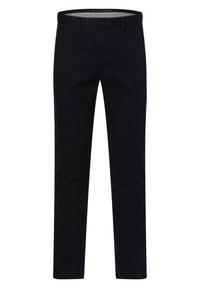 Donkere marineblauwe chino's van een gladde katoenmenging met een nauwsluitend model, voorzien van een knoopsluiting, riemlussen en zijzakken.