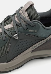 Grön nät- och syntetisk vandringsko med grå snören, en GORE-TEX-etikett, texturerade sidopaneler och en robust gummisula.