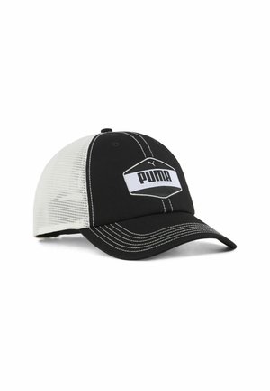 Black and white baseball cap with mesh sides, featuring a stitched brim and a prominent Puma logo on a diamond-shaped patch.