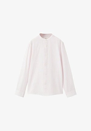 Langärmeliges weißes Hemd mit dezenten vertikalen Streifen, Knopfleiste vorne und Stehkragen.
