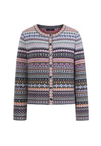 Cardigan lavorato a maglia con scollatura rotonda, motivi geometrici multicolore in rosa, blu e nero, dotato di chiusura frontale con bottoni.