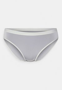 Culotte de bikini grise avec une texture lisse, dotée d'une taille et d'ouvertures de jambes de couleur claire contrastante, design taille mi-haute avec couverture complète.