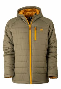 Olivgrüne isolierte Jacke mit Kapuze, ausgestattet mit einem Reißverschluss vorne und einer Brusttasche, sowie kontrastierenden gelben Akzenten und Futter.