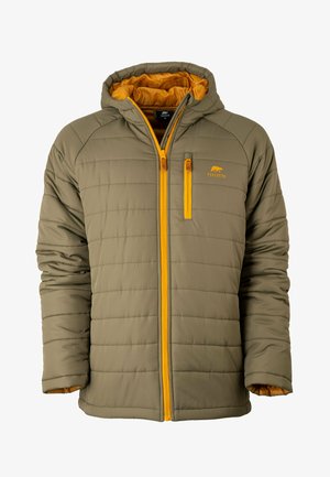 Olivgrüne isolierte Jacke mit Kapuze, ausgestattet mit einem Reißverschluss vorne und einer Brusttasche, sowie kontrastierenden gelben Akzenten und Futter.