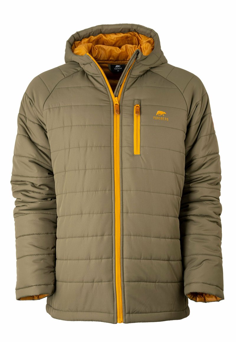 Olivgrüne isolierte Jacke mit Kapuze, ausgestattet mit einem Reißverschluss vorne und einer Brusttasche, sowie kontrastierenden gelben Akzenten und Futter.