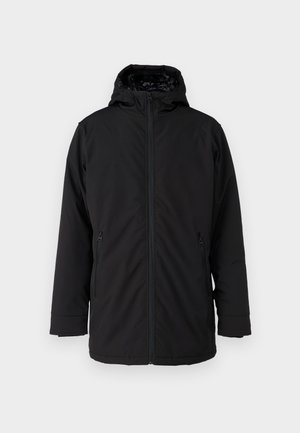 Veste à capuche noire avec fermeture éclair à l'avant, deux poches latérales zippées et une texture de tissu lisse et mate. Possède un intérieur doublé.