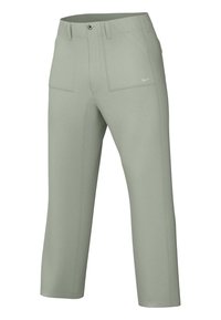 Light green, knee-length pants made of soft material, featuring a button and zipper closure, two front pockets, and visible stitching details.