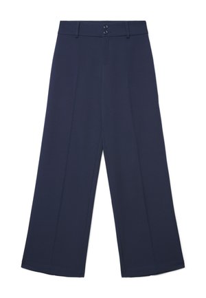Pantaloni a gamba larga blu navy con passanti per cintura, doppia chiusura frontale con bottoni e senza tasche visibili, mostrati distesi su uno sfondo bianco.