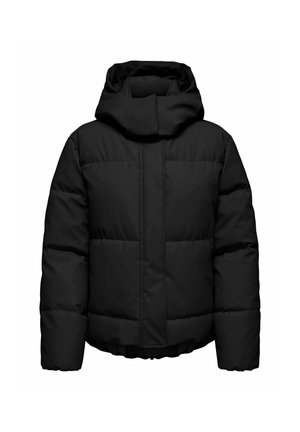 Juodas pūkinis švarkas su gobtuvu, turintis siuvinėtą dizainą. Lygi tekstūra, visiškai priekinė užtrauktukinė uždarymo sistema ir elastingi rankogaliai.