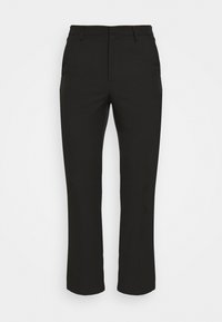 Czarne proste spodnie z nogawkami o prostym kroju, z szlufkami na pasek, przednimi kieszeniami i ukrytym suwakiem, na jednolitym białym tle.