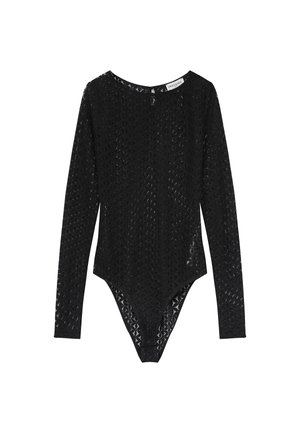 Body nero a maniche lunghe realizzato in tessuto texturizzato con motivo geometrico, colletto alto e taglio a slip sul fondo.