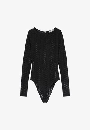 Bodysuit negro de manga larga hecho de tela texturizada con un patrón geométrico, cuello alto y corte tipo tanga en la parte inferior.