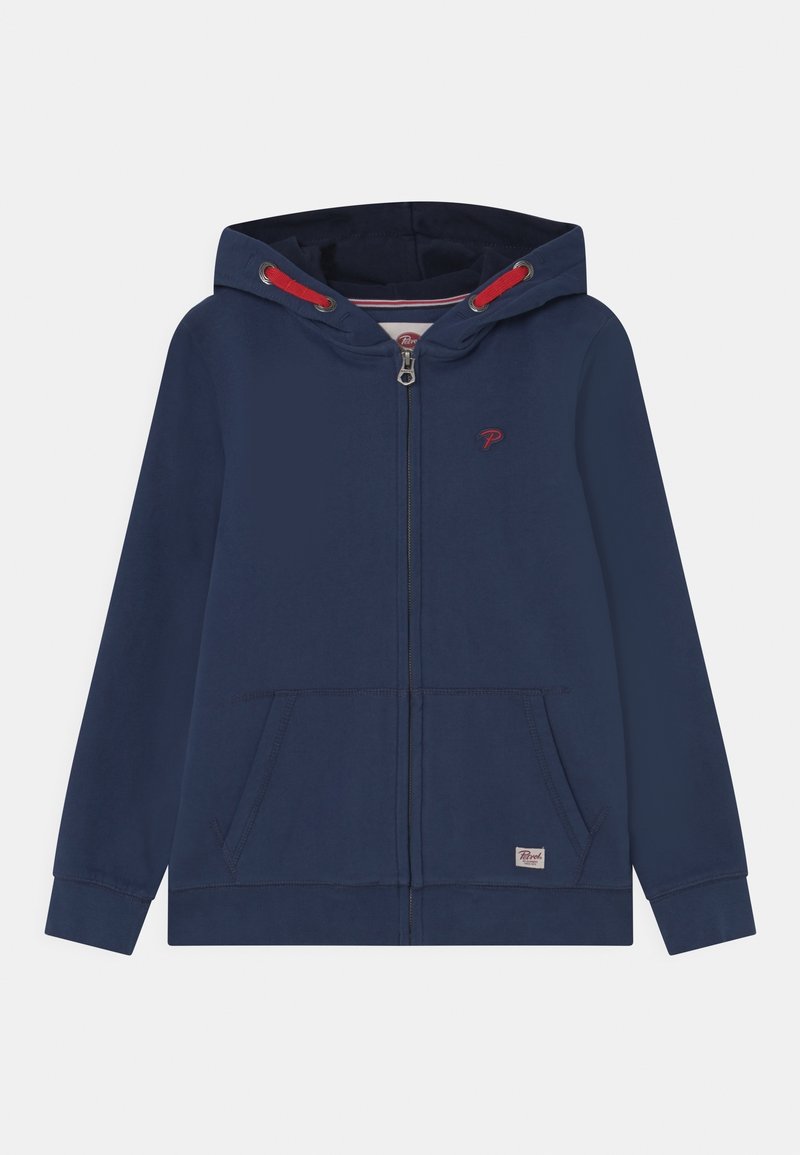 Felpa con zip di colore blu navy in misto cotone. Presenta un logo frontale, dettagli con cordoncino rosso e due tasche anteriori. Texture liscia, design casual.