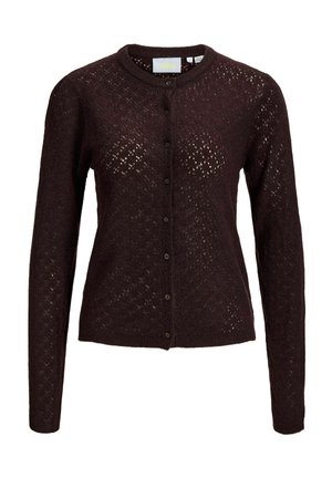 Mørkebrun strikket cardigan med lange ærmer, rund hals, knaplukning foran og et diskret hulmønster over det hele.