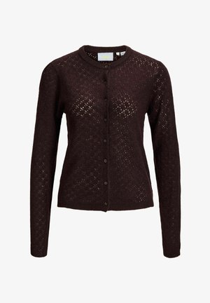 Donkerbruine, gebreide cardigan met lange mouwen, ronde hals, knoopsluiting aan de voorkant en een subtiel ajourpatroon over het hele kledingstuk.