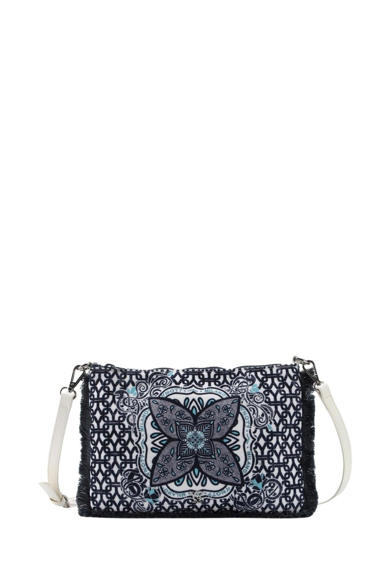 Borsa in tessuto texturizzato con un intricato motivo floreale blu e nero, tracolla bianca e design geometrico. Forma rettangolare compatta.