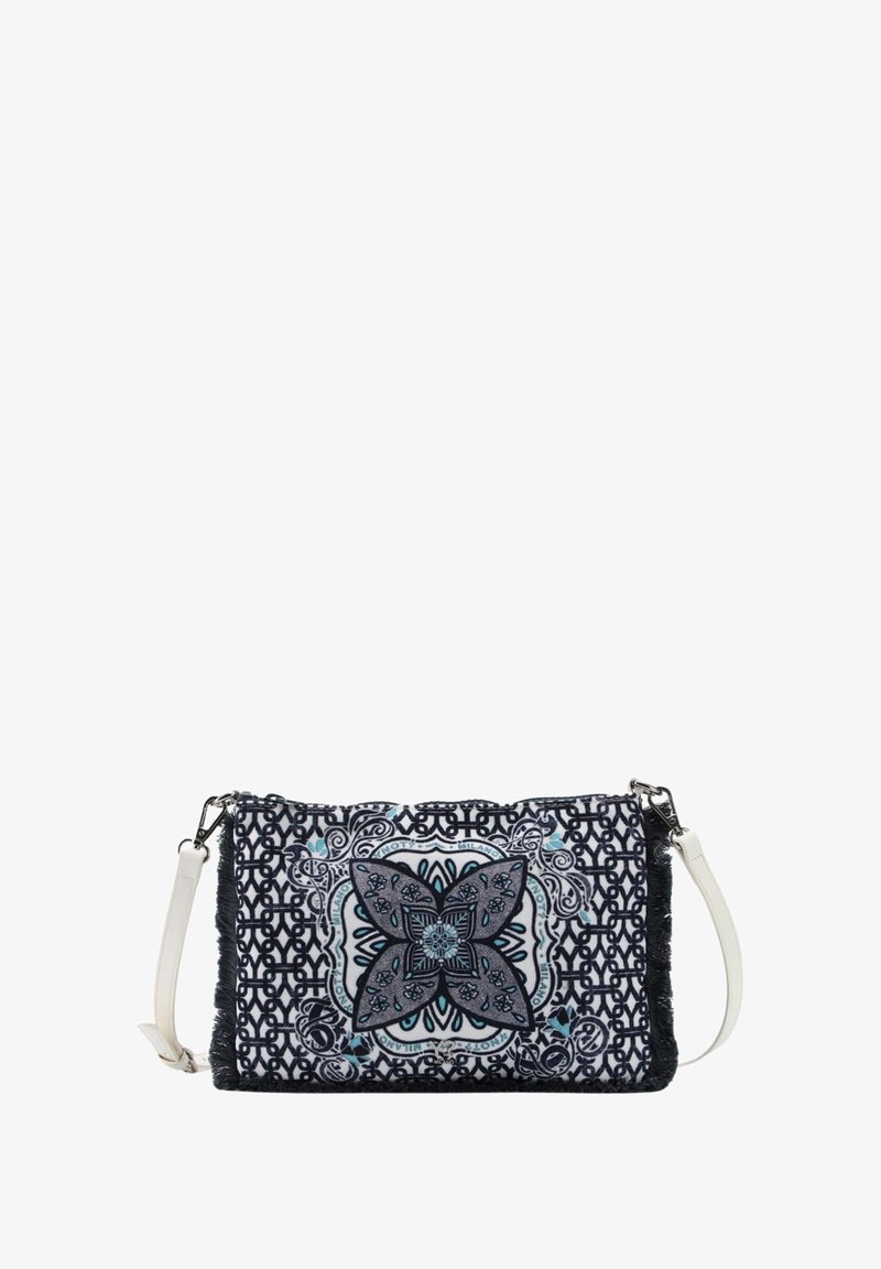 Borsa in tessuto texturizzato con un intricato motivo floreale blu e nero, tracolla bianca e design geometrico. Forma rettangolare compatta.