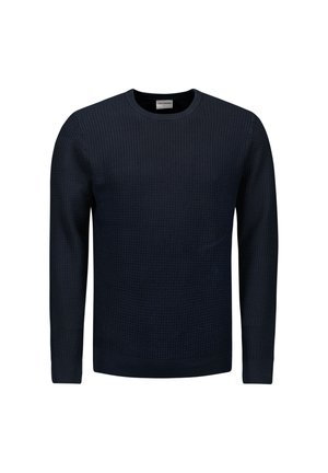 Donkerblauwe gestructureerde trui met een ronde halslijn, lange mouwen en geribbelde manchetten en zoom. Gemaakt van een zachte stofmix.