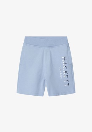 Hellblaue Shorts aus einem weichen Stoff, mit seitlichen Taschen und einem bedruckten Logo auf der Vorderseite in kontrastrierenden Farben.