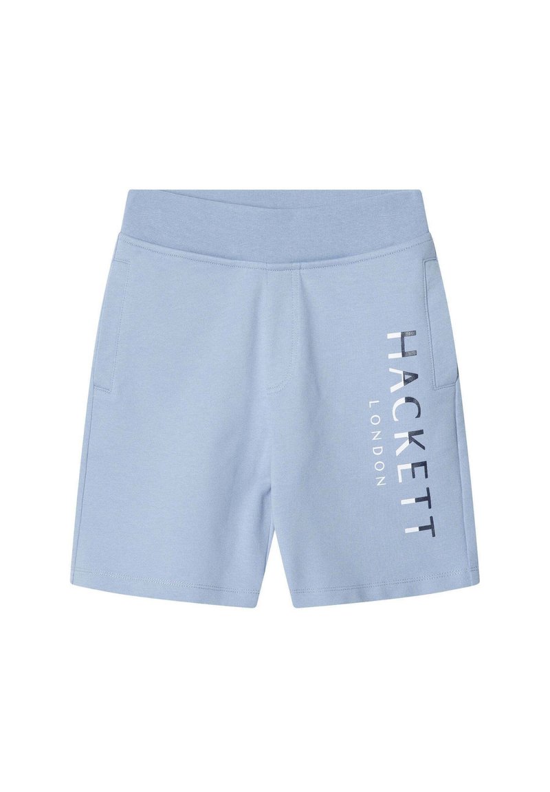 Pantaloni corti azzurri realizzati in tessuto morbido, con tasche laterali e un logo stampato sulla parte anteriore in colori a contrasto.