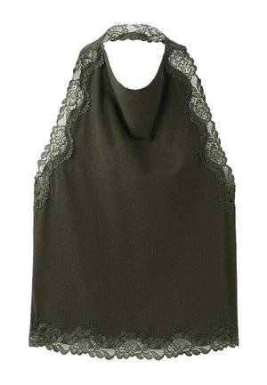 Dunkelgrünes Neckholder-Top mit floralem Spitzenbesatz entlang des Ausschnitts, der Armöffnungen und des Saums, aus glattem, leichtem Stoff gefertigt.