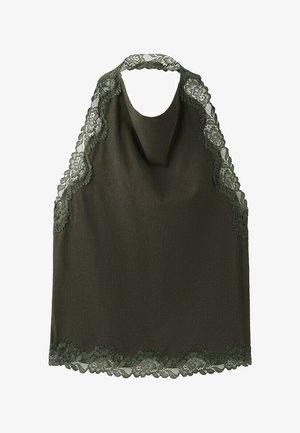 Dunkelgrünes Neckholder-Top mit floralem Spitzenbesatz entlang des Ausschnitts, der Armöffnungen und des Saums, aus glattem, leichtem Stoff gefertigt.