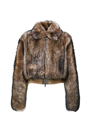 Femme portant une veste en fourrure marron, une robe noire transparente, des talons noirs, tenant un sac à main noir, debout devant un fond clair uni.