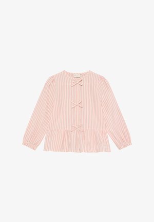 Jasnoróżowa koszula z długim rękawem w białe pionowe paski, z falbanką u dołu i trzema kokardkami na przedniej listwie guzikowej.