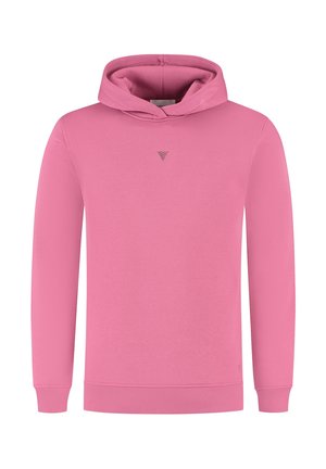 Roze hoodie met lange mouwen en een klein grijs driehoekig logo op de borst, ribbelboorden en onderrand, weergegeven op een witte achtergrond.