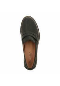 Schwarze Leder-Schlupfschuhe mit flachem Design, das eine gestickte Kontur und ein dekoratives Band an der Vorderseite aufweist. Braune Innenausstattung.