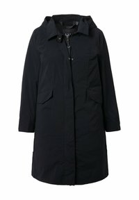 Manteau noir à capuche, longueur genou, avec fermeture éclair frontale, boutons-pression et deux poches à rabat.