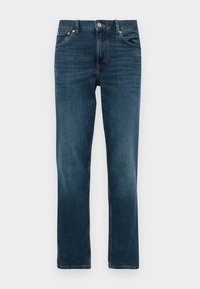 Jeans de mezclilla rectos de color azul oscuro con bolsillos delanteros, trabillas para el cinturón y cierre de botón sobre un fondo claro.
