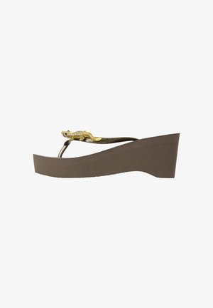 Brown wedge flip-flop sandal with textured sole, featuring a golden lizard accent on the strap adorned with small clear rhinestones.