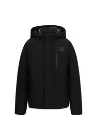 Schwarze Steppjacke mit Kapuze, ausgestattet mit einer Reißverschlusstasche oben links, zwei Seitentaschen und einem verstärkten Kragen. Glatte Textur.