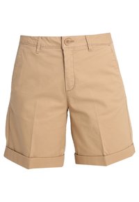 Khaki šortky vyrobené z lehkého materiálu, se zapínáním na knoflík, ohrnutými nohavicemi a předními kapsami, navržené pro pohodlí a praktičnost.