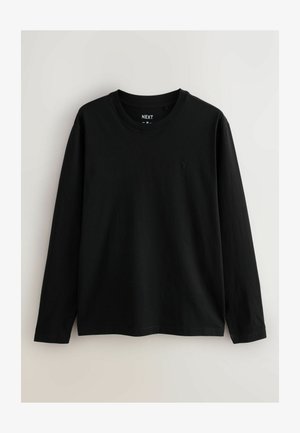 Schwarzes langärmeliges T-Shirt aus Baumwolle mit Rundhalsausschnitt und dezentem Branding auf der Brust. Glatte Textur und normale Passform.
