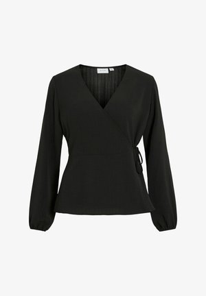 Melna blūze ar garām piedurknēm, V-veida kakla izgriezumu, iešūtu vidukli un teksturētu audumu. Blūze ir ar sasietu akcentu sānos.