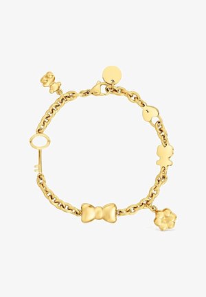 Goldenes Gliederarmband mit Charms, darunter ein Teddybär, Schlüssel, Schleife, herzförmiges Schloss, zwei Bären und eine Blume.