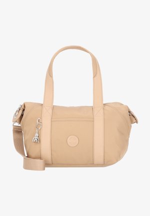Beige shoulder bag made of nylon, featuring dual handles, a detachable strap, and a small charm. Smooth texture with a rounded shape.